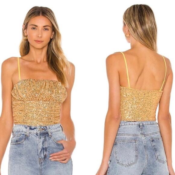 NWT FREE PEOPLE TOP L SEQUIN GOLD STRAPLESS TA DA CROP RUCHED SPARKLY METALLIC - Picture 1 of 11